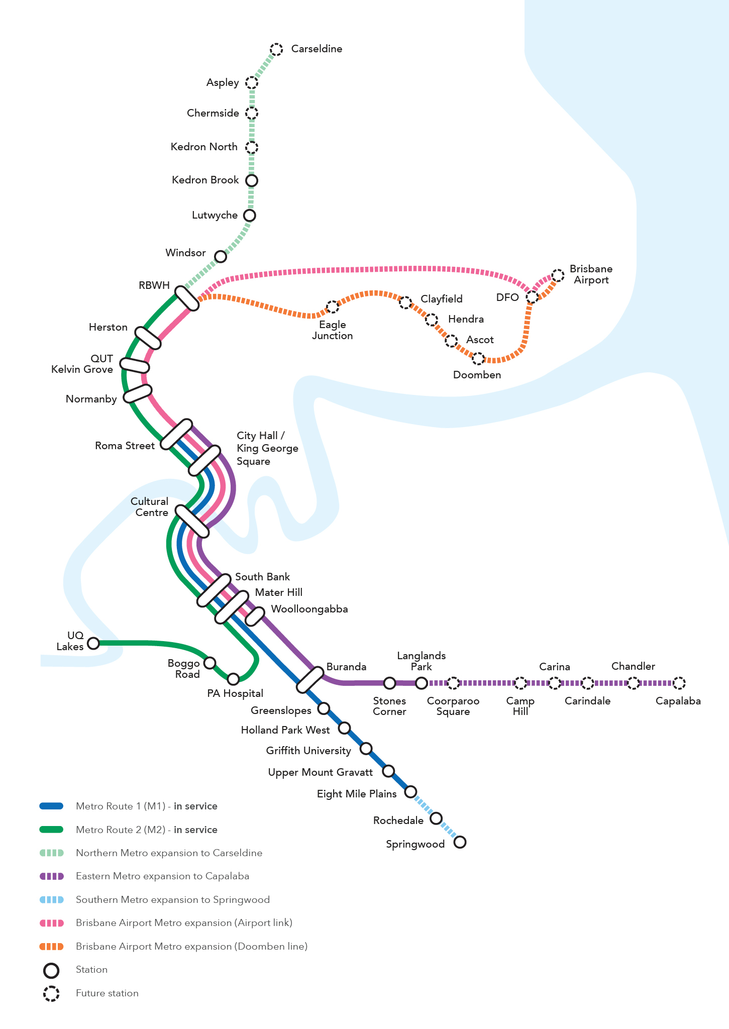 This is a map of the Metro network including M1 and M2 routes and stations along with proposed expansions to the network.