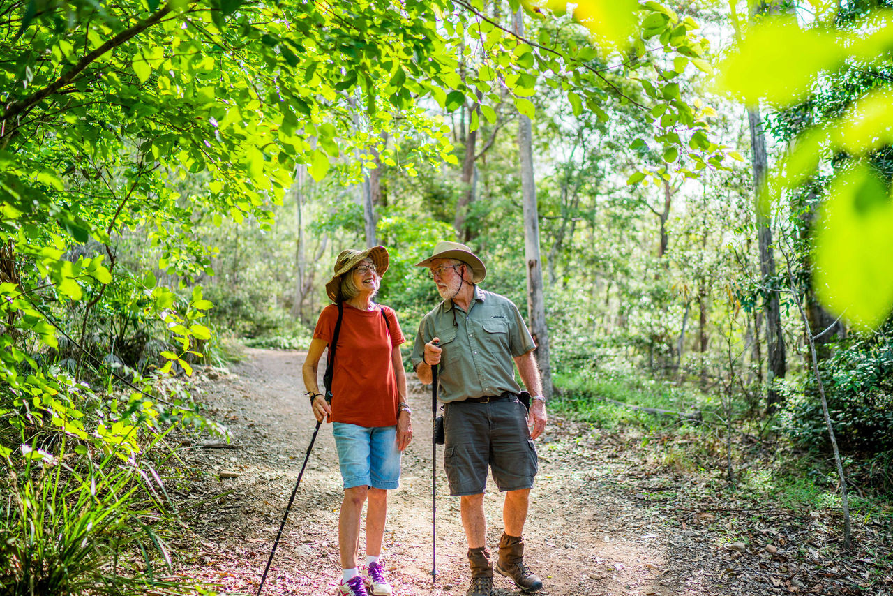An older couple walking with hiking poles on a track in Mt Coot-tha Reserve.
