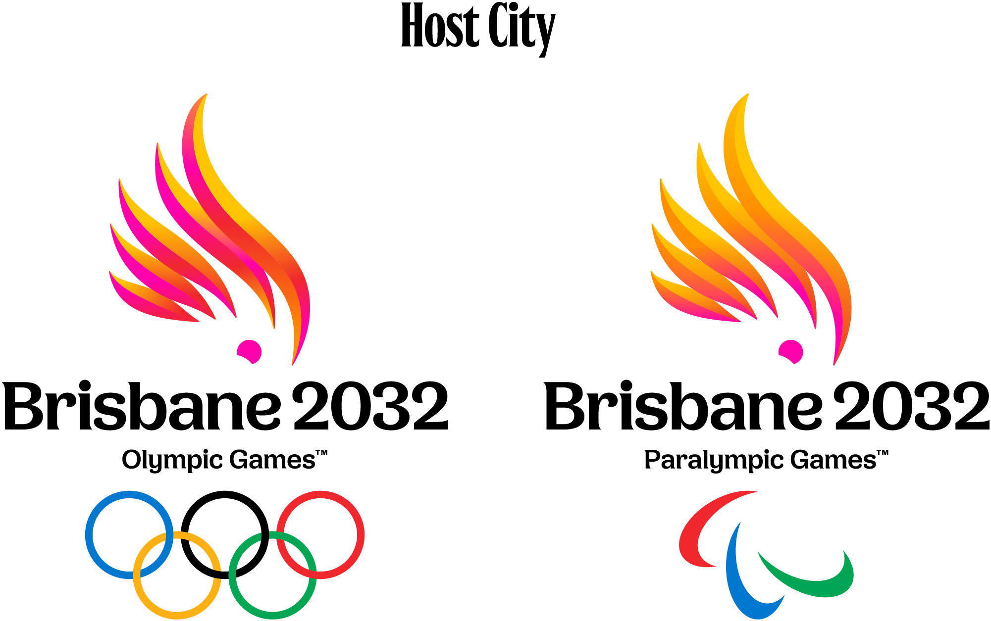 Brisbane 2032 Olympic and Paralympic Games Host City banner with Olympic Rings and Paralympic Agitos