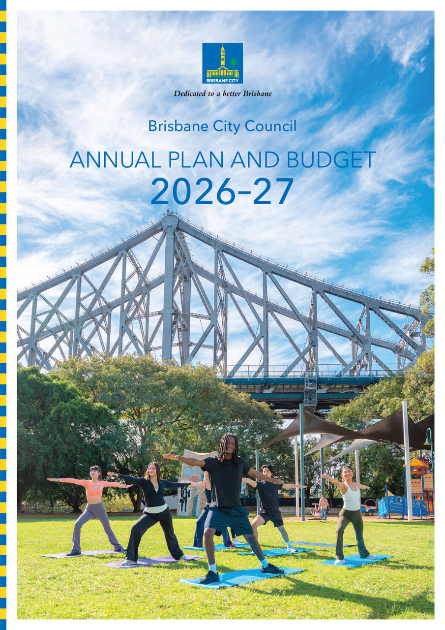 Annual Plan and Budget 2026-27 front cover featuring a group of people doing exercises in a park near the Story Bridge
