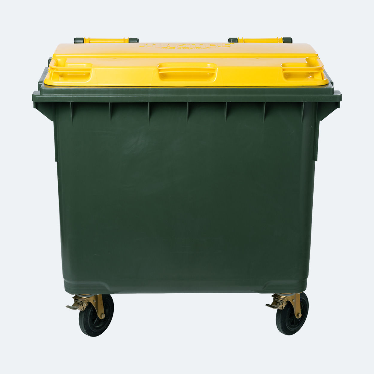 Large recycling bulk bin with a yellow lid and wheels.