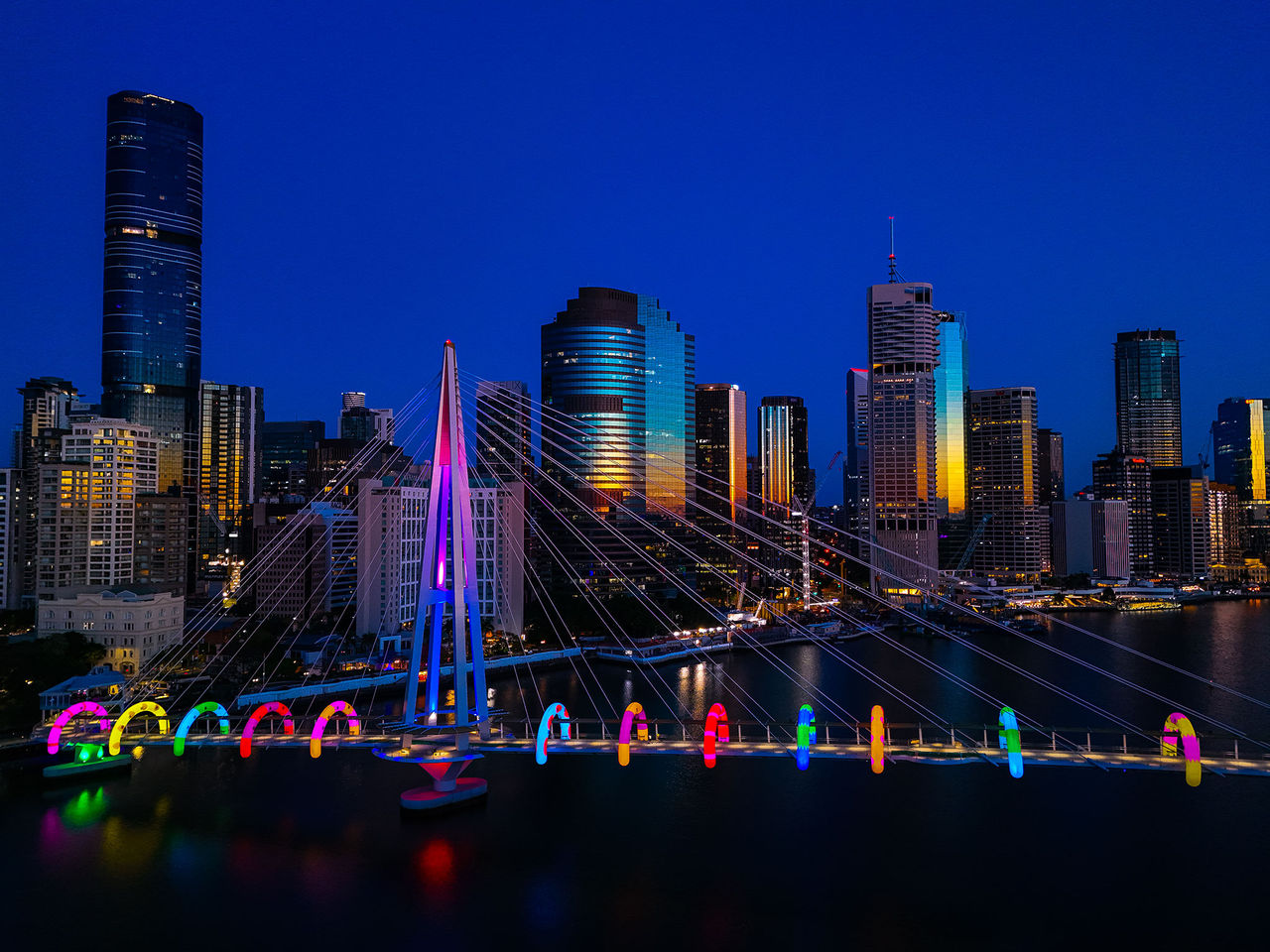 ord Mayor's Photographic Awards 2026 - Brisbane Postcards Collection Winner - Laurie McDonnell - Colours of the city. The Kangaroo Point Green Bridge all dressed up in the Brisbane Festival decorations.