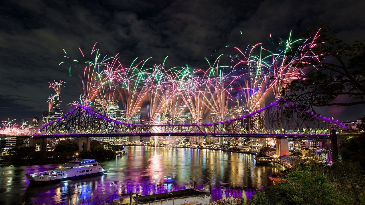 Lord Mayor's Photographic Awards 2026 - Brisbane Postcards Collection Winner - Nicola Laidlow - Brisbane Festival. Nighttime view of the Story Bridge with colourful fireworks exploding above.