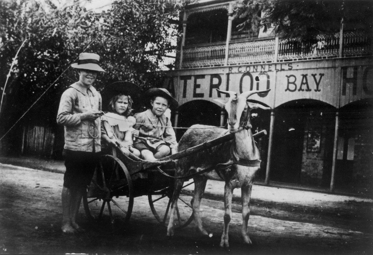 A black and white photograph of a small cart lead by a goat, with two children sitting in the cart. A woman stands next to the cart. The Waterloo Bay Hotel is present in the background. 