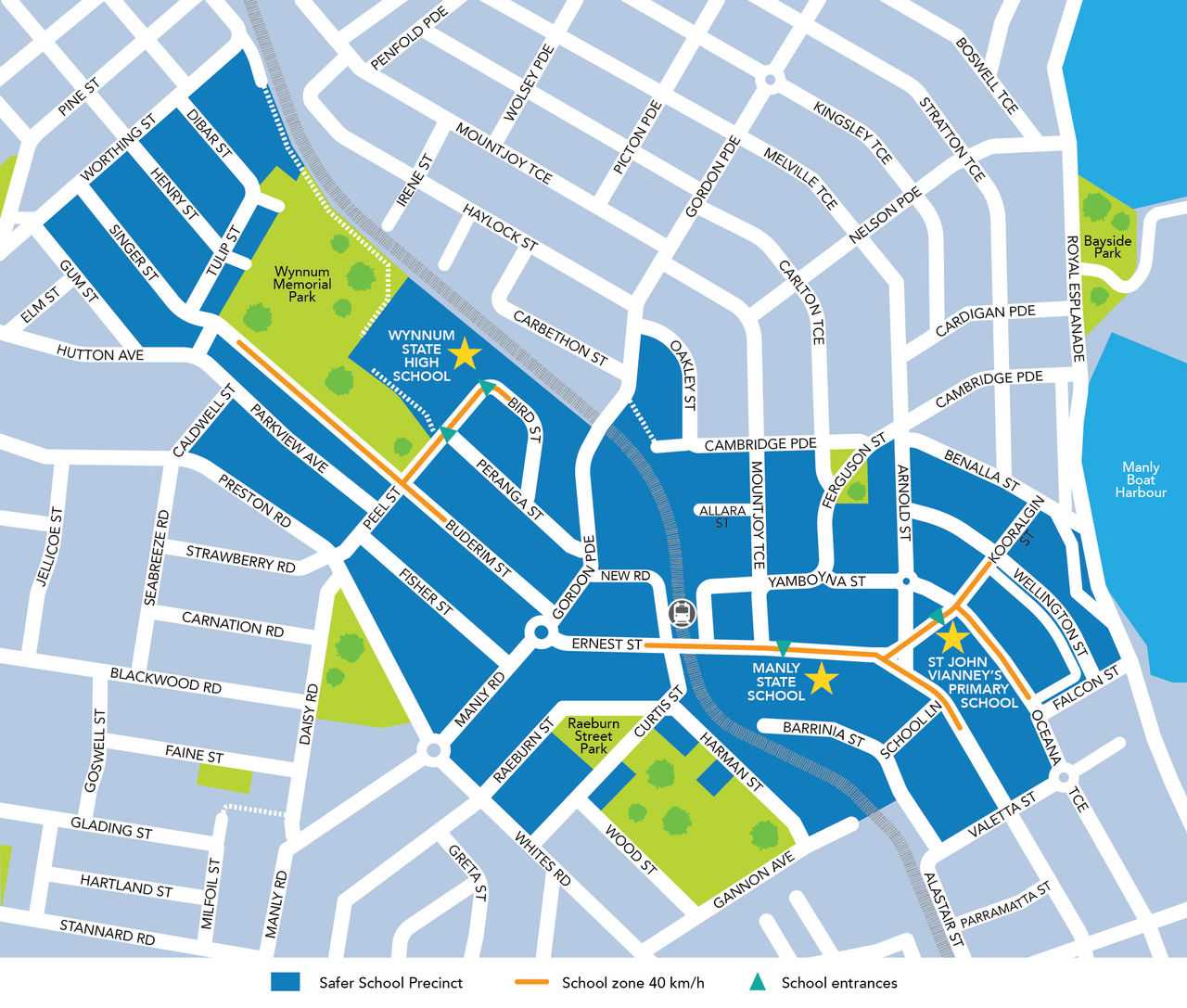 This image shows a map of the Wynnum Manly Safer School Precinct area.
