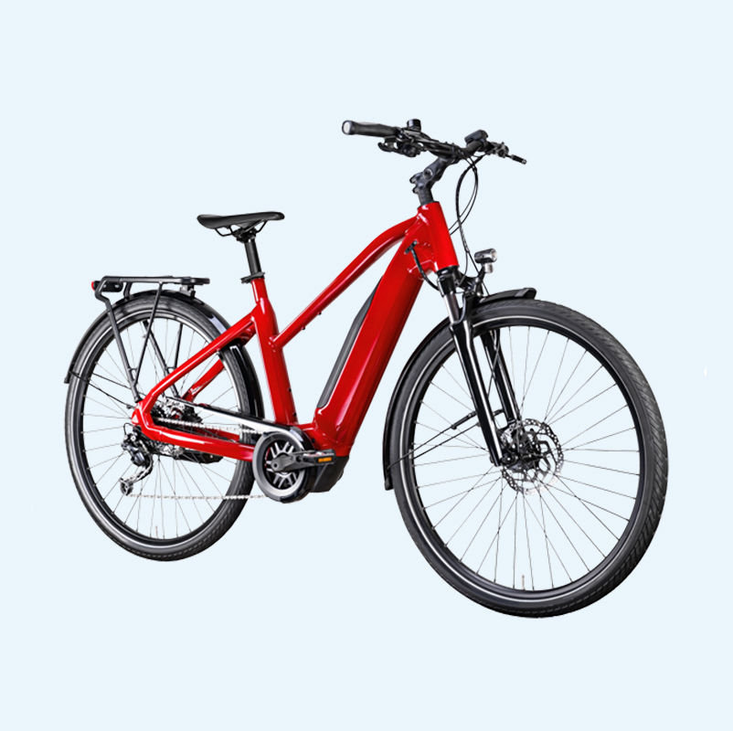 Red and black electric pedal assisted bicycle on a blue background.