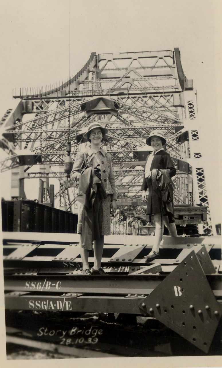 Share your Story: Phil shared a photo of his mother and aunt on the Story Bridge as construction neared completion in late 1939.  Photo courtesy of Phil Davison.